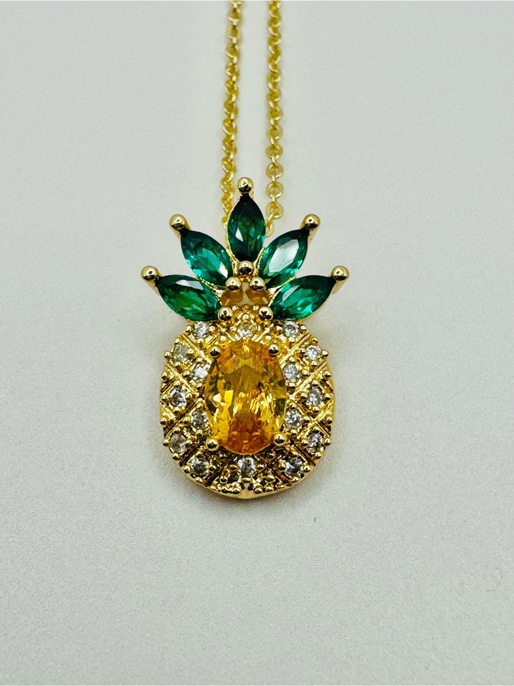 Gold Pineapple Pendant Necklace with Green and Yellow Stones NEW
